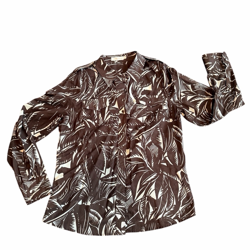 NEW Tory Burch Cotton Leaf Print Shirt Brown White Size 14